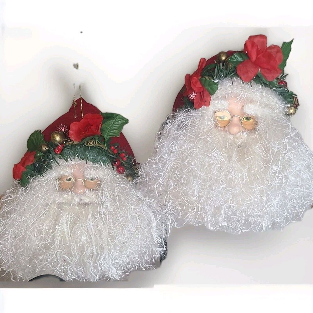 Vintage Santa Claus Rubber Face Large Ornaments Glasses Beard Christmas Lot Of 2